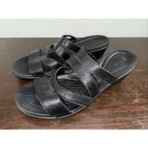 Crocs Leigh-Ann Leather Strap Mini Wedge Women's Size 8 Black Comfort Sandals